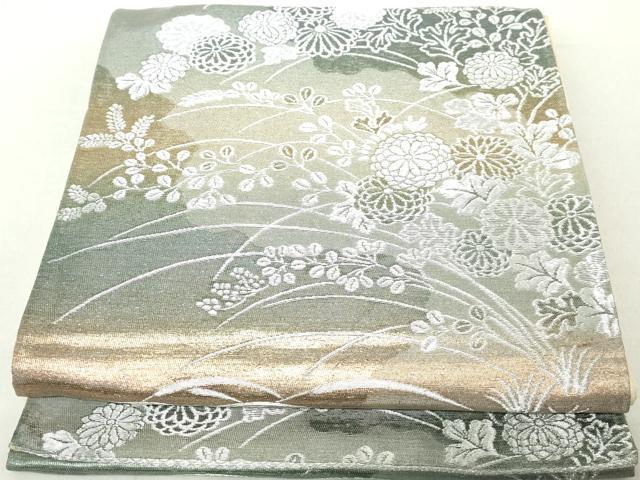 平和屋着物◎六通柄袋帯　秋草文　銀糸　正絹　逸品　DAAZ8995qa