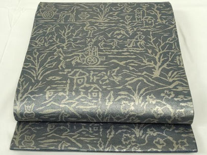平和屋着物◎六通柄袋帯　狩猟文　銀糸　正絹　逸品　DAAZ9002qp