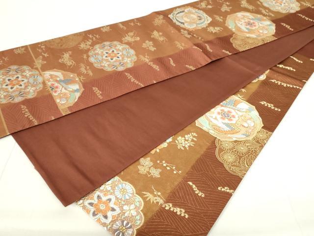 正絹　袋帯　六通柄　唐織　銀糸　正倉院華文 平和屋着物◎六通柄袋帯 唐織 正倉院花鳥華文 金銀糸