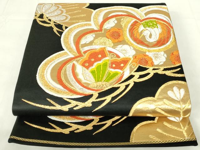 平和屋着物◎六通柄袋帯 唐織 枝松文 黒地 金銀糸 正絹 逸品 DAAZ9088qp
