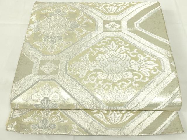 しゃれ袋帯　モダン　錆青磁色系　銀糸つかい　六通柄　東京ますいわ屋　正絹 きもの 和 袋帯 正絹 桝屋高尾 ねん金綴錦 松笠並び文 水色 銀 手織り