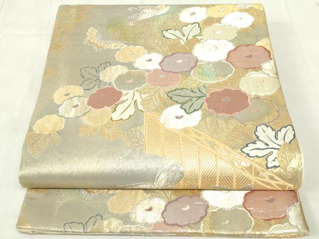 平和屋着物◎六通柄袋帯 吉祥花蝶文 饅頭菊 金銀糸 引箔 正絹 逸品 DAAZ9121qp