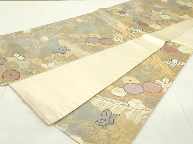平和屋着物◎六通柄袋帯 吉祥花蝶文 饅頭菊 金銀糸 引箔 正絹 逸品 DAAZ9121qp