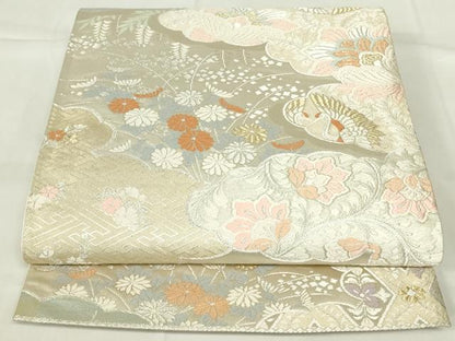 平和屋着物◎六通柄袋帯　雲取り更紗花鳥文　鶴　金銀糸　正絹　逸品　DAAZ9160qp