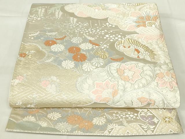 平和屋着物◎六通柄袋帯　雲取り更紗花鳥文　鶴　金銀糸　正絹　逸品　DAAZ9160qp