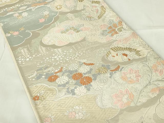 平和屋着物◎六通柄袋帯　雲取り更紗花鳥文　鶴　金銀糸　正絹　逸品　DAAZ9160qp