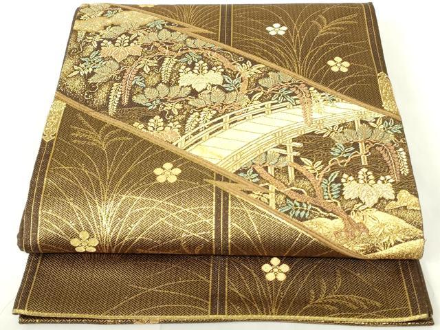平和屋着物◎六通柄袋帯　吉祥花文　渡橋　梅　金糸　正絹　逸品　DAAZ9211qp