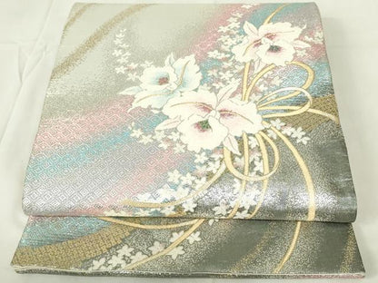 平和屋着物◎六通柄袋帯　草花文　金銀糸　正絹　逸品　DAAZ9253qp