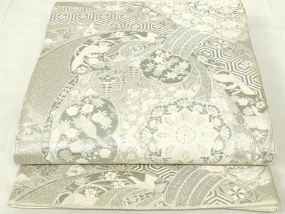 平和屋着物◎六通柄袋帯　束ね熨斗正倉院花文　銀糸　正絹　逸品　DAAZ9284qp