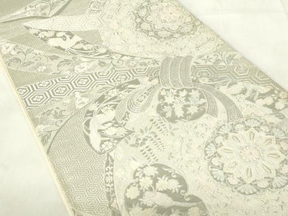 平和屋着物◎六通柄袋帯　束ね熨斗正倉院花文　銀糸　正絹　逸品　DAAZ9284qp
