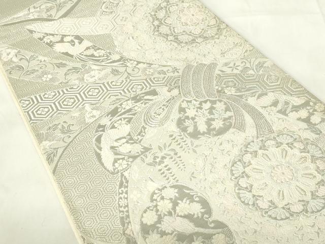 平和屋着物◎六通柄袋帯　束ね熨斗正倉院花文　銀糸　正絹　逸品　DAAZ9284qp