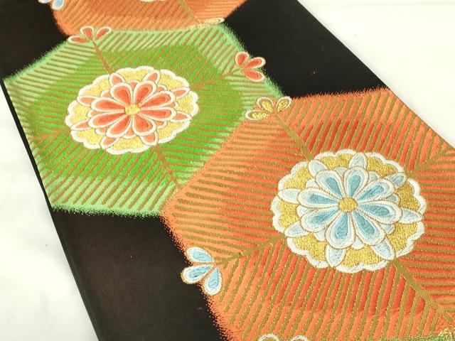 平和屋着物◎六通柄袋帯　亀甲松葉文　黒地　金糸　三越扱い　正絹　逸品　DAAZ9287qp