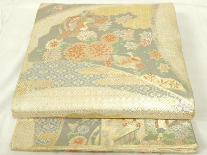 平和屋着物◎宝珠本佐賀錦　六通柄袋帯　九百錦　扇面飛鶴花文　金糸　正絹　逸品　DAAZ9293qp