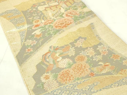 平和屋着物◎宝珠本佐賀錦　六通柄袋帯　九百錦　扇面飛鶴花文　金糸　正絹　逸品　DAAZ9293qp