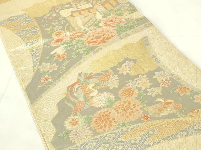 平和屋着物◎宝珠本佐賀錦　六通柄袋帯　九百錦　扇面飛鶴花文　金糸　正絹　逸品　DAAZ9293qp