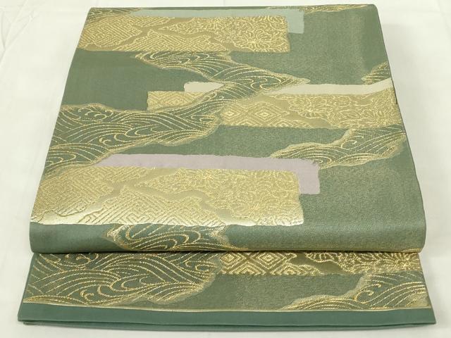 ⑥⑤⑨夏帯 プラチナ 菱吉祥文 袋帯 正絹 平和屋着物◎六通柄袋帯 横段吉祥文 金糸 正絹 逸品 DAAZ9362qp