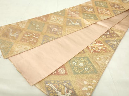 平和屋着物◎六通柄袋帯　花鳥菱文　金糸　正絹　逸品　DAAZ9366qp