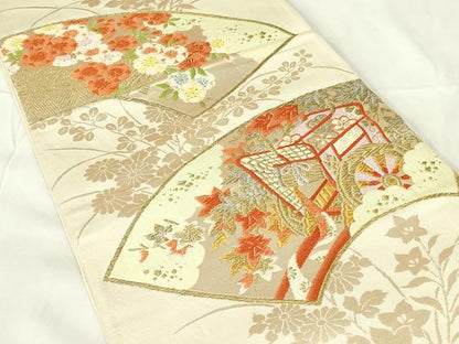 平和屋着物◎六通柄袋帯 唐織 地紙御所車花文 金銀糸 正絹 逸品 DAAZ9390qp