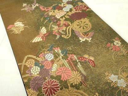 平和屋着物◎六通柄袋帯　唐織　花蝶文　全能シルク箔　正絹　逸品　DAAZ9421qp