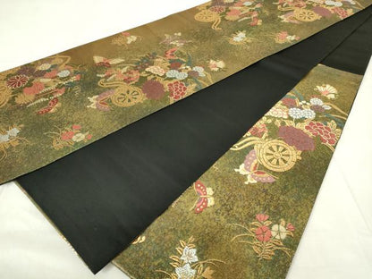 平和屋着物◎六通柄袋帯　唐織　花蝶文　全能シルク箔　正絹　逸品　DAAZ9421qp