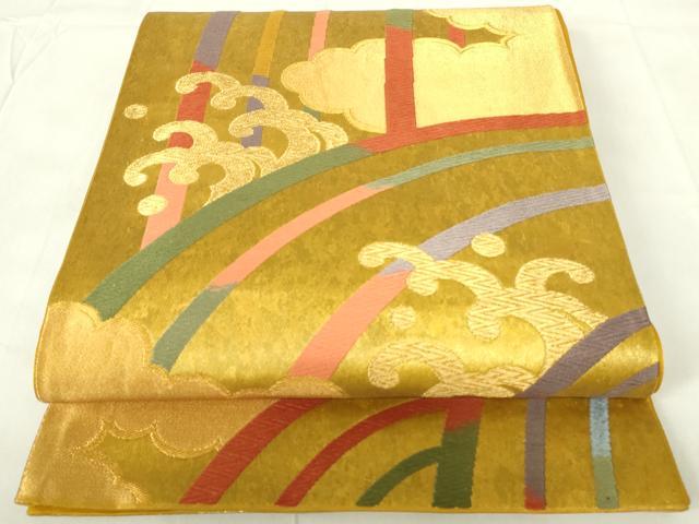 平和屋着物◎六通柄袋帯 唐織 雲取り立波文 金糸 引箔 正絹 逸品 DAAZ9433qp