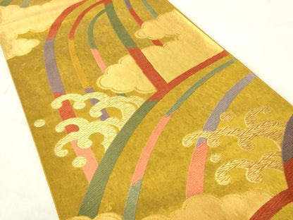 平和屋着物◎六通柄袋帯 唐織 雲取り立波文 金糸 引箔 正絹 逸品 DAAZ9433qp