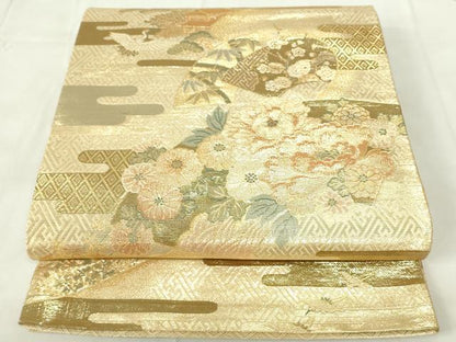 平和屋着物◎佐賀錦 六通柄袋帯 地紙飛鶴花文 松竹梅 金糸 正絹 逸品 DAAZ9442qp