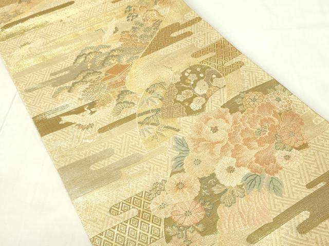 平和屋着物◎佐賀錦 六通柄袋帯 地紙飛鶴花文 松竹梅 金糸 正絹 逸品 DAAZ9442qp