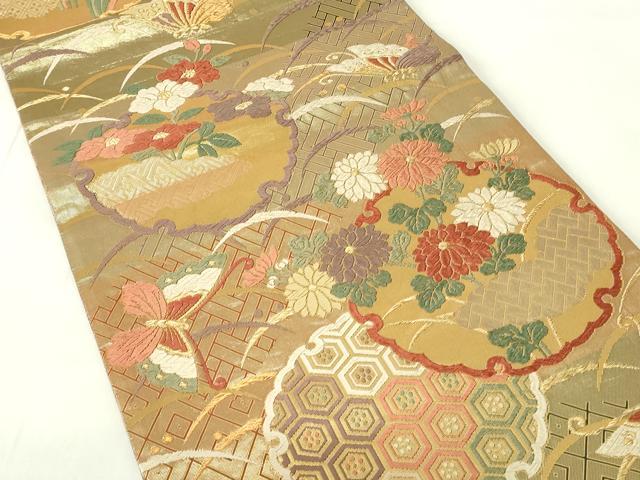 平和屋着物◎佐賀錦 六通柄袋帯 唐織 雪輪花蝶文 金糸