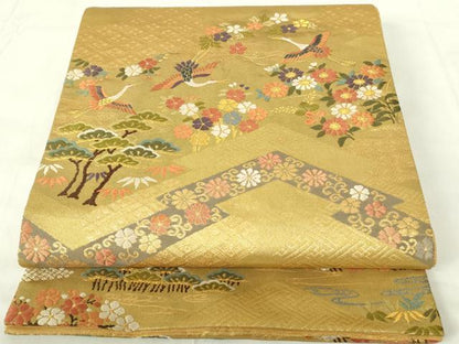 平和屋着物◎六通柄袋帯 唐織 松皮菱飛鶴花文 金糸 正絹 逸品 DAAZ9482qp