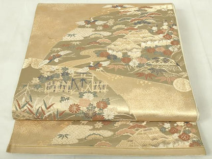 平和屋着物◎六通柄袋帯　唐織　扇面飛鶴花文　松竹梅　金糸　正絹　逸品　DAAZ9493qp