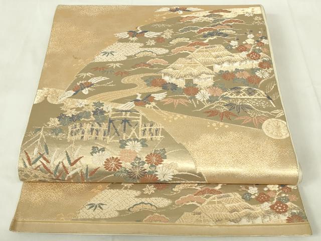 平和屋着物◎六通柄袋帯　唐織　扇面飛鶴花文　松竹梅　金糸　正絹　逸品　DAAZ9493qp