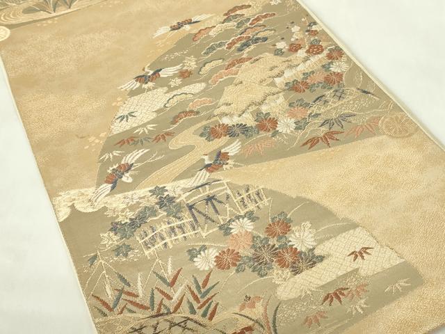 平和屋着物◎六通柄袋帯　唐織　扇面飛鶴花文　松竹梅　金糸　正絹　逸品　DAAZ9493qp