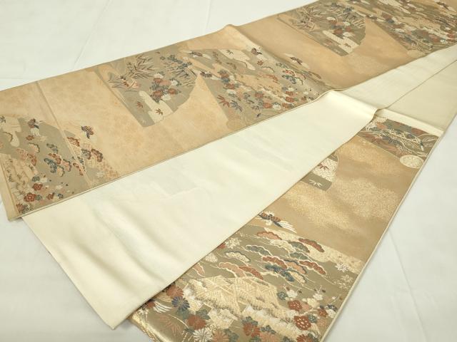 平和屋着物◎六通柄袋帯　唐織　扇面飛鶴花文　松竹梅　金糸　正絹　逸品　DAAZ9493qp