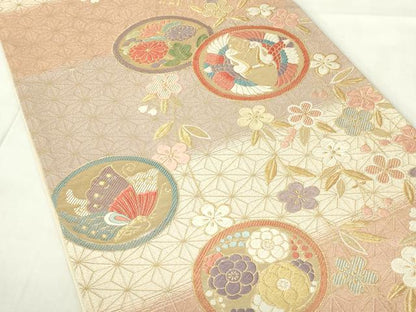 平和屋着物◎六通柄袋帯　花鳥丸文　鶴　金糸　正絹　逸品　DAAZ9509qp