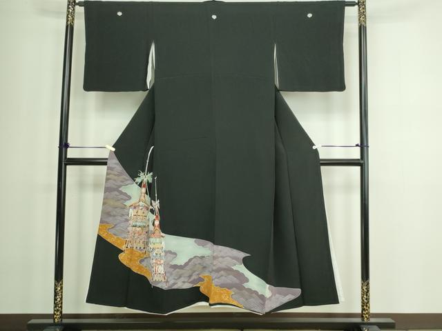 平和屋着物■豪華黒留袖　風景文　鉾　金彩　正絹　逸品　DAAZ9916sf