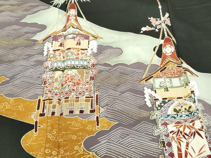 平和屋着物■豪華黒留袖　風景文　鉾　金彩　正絹　逸品　DAAZ9916sf