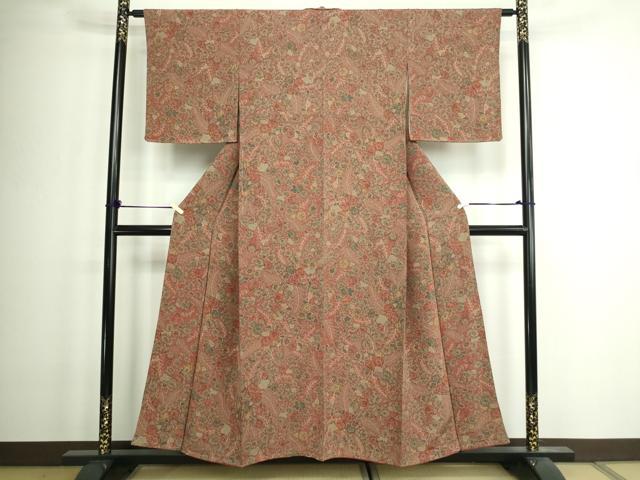 平和屋着物●上質な小紋　型染め　花尽くし間道　鬼しぼ縮緬　正絹　逸品　AABC8646ck 平和屋着物□上質な小紋 辻が花 鬼しぼ縮緬 正絹 逸品 未使用 DAAZ9932sf