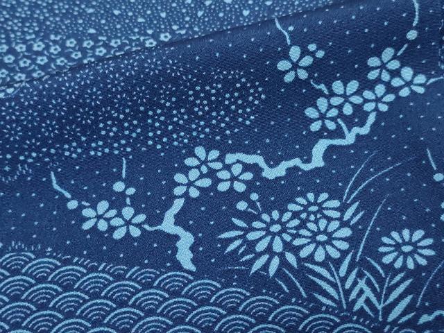平和屋着物■上質な小紋　草花文　藍　正絹　逸品　DAAZ9984sf