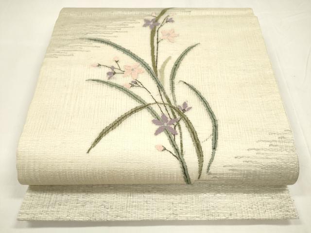 平和屋着物＊夏物 太鼓柄袋帯 草花文 銀糸 正絹 逸品 DABA0013cm