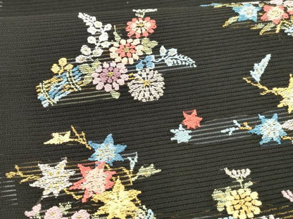 平和屋着物＊夏物　絽綴れ　八寸名古屋帯　総刺繍　草花文　黒地　金銀糸　正絹　逸品　DABA0016cm