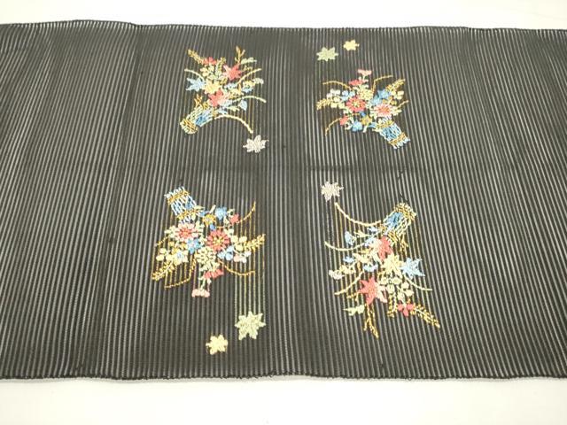 平和屋着物＊夏物　絽綴れ　八寸名古屋帯　総刺繍　草花文　黒地　金銀糸　正絹　逸品　DABA0016cm