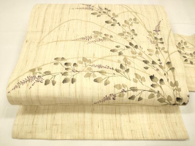 平和屋着物＊夏物 九寸名古屋帯 手描き 草葉文 麻 逸品 DABA0022cm