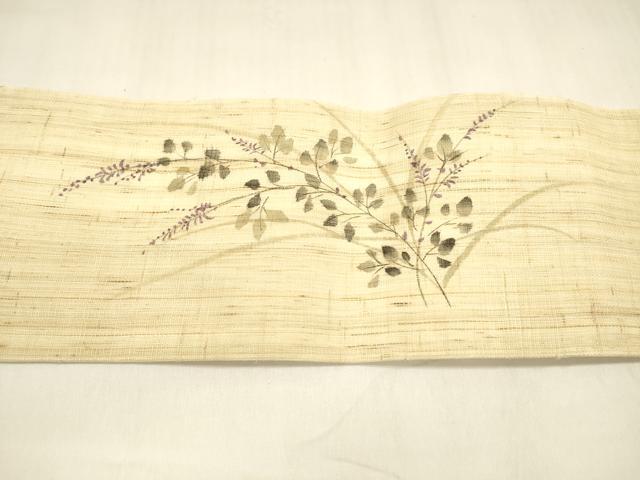 平和屋着物＊夏物 九寸名古屋帯 手描き 草葉文 麻 逸品 DABA0022cm