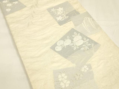 平和屋着物＊夏物 六通柄袋帯 色紙草花文 銀糸 正絹 逸品 DABA0026cm
