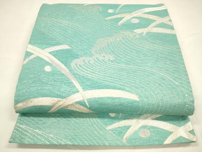 平和屋着物＊夏物 六通柄袋帯 流水露草文 銀糸 正絹 逸品 DABA0029cm