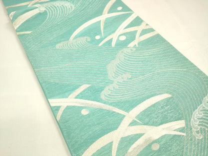 平和屋着物＊夏物 六通柄袋帯 流水露草文 銀糸 正絹 逸品 DABA0029cm