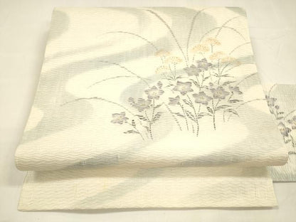 平和屋着物＊夏物 九寸名古屋帯 流水草花文 銀彩 正絹 逸品 DABA0036cm