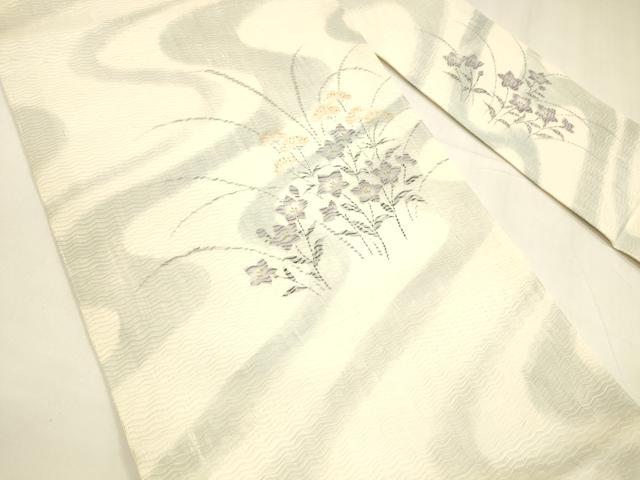 平和屋着物＊夏物 九寸名古屋帯 流水草花文 銀彩 正絹 逸品 DABA0036cm