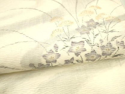 平和屋着物＊夏物 九寸名古屋帯 流水草花文 銀彩 正絹 逸品 DABA0036cm